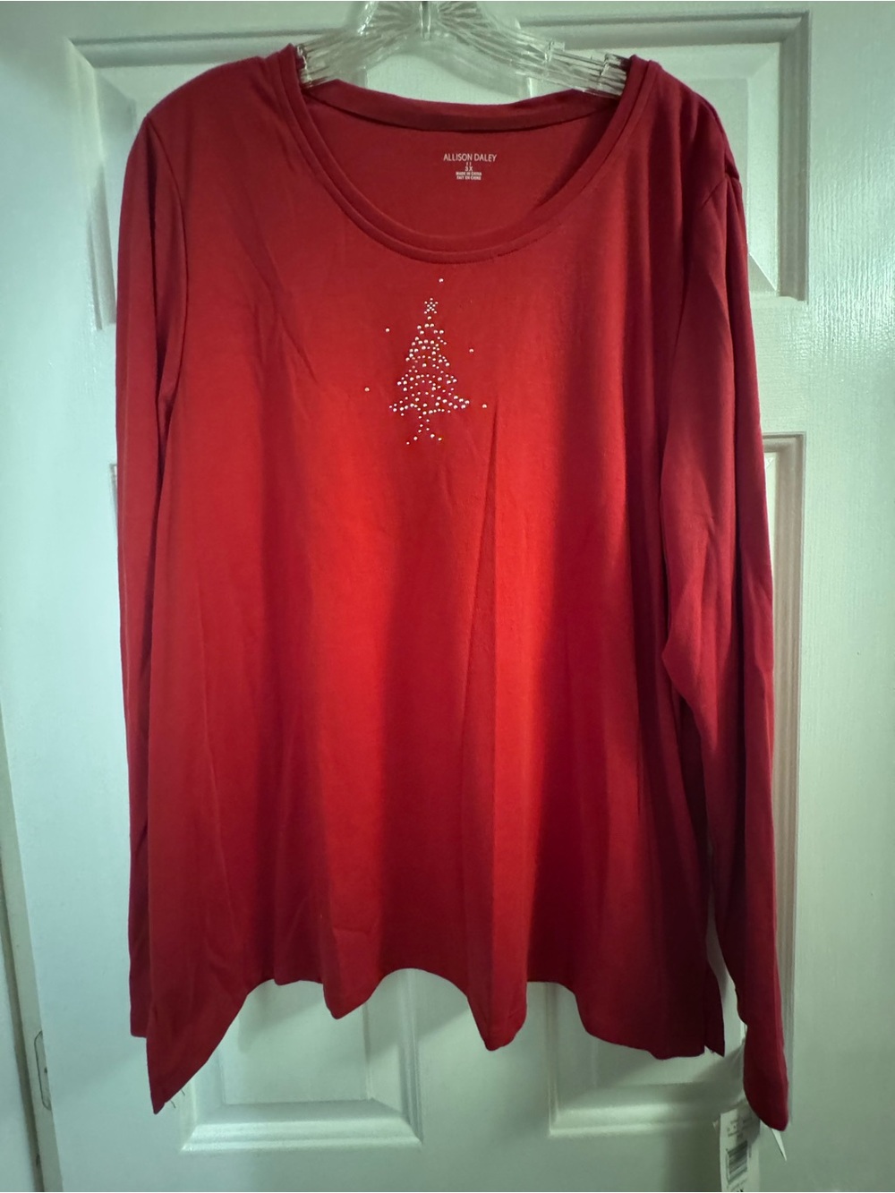 Allison Daley Red Long Sleeve Top with Rhinestone Tree New With Tags Tee